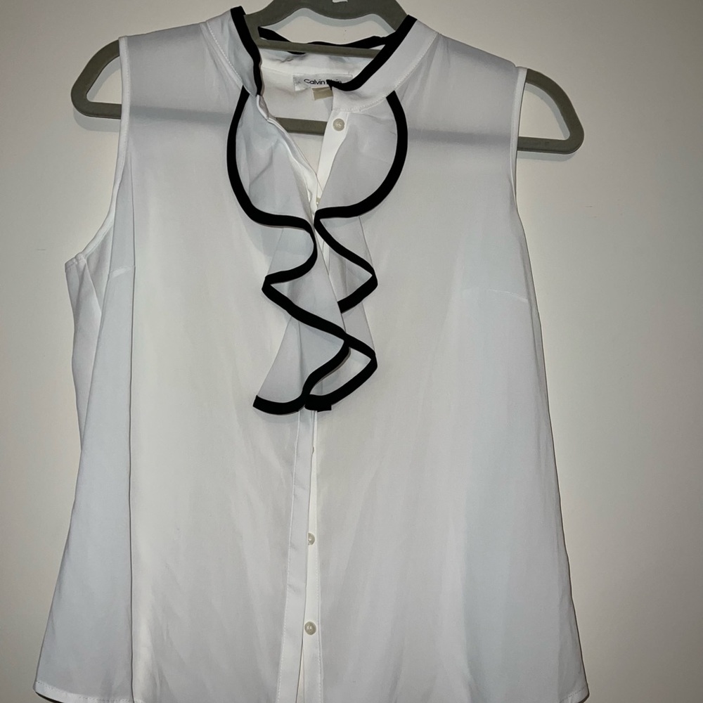Calvin Klein blouse white with black strips no sleeves button down petite L size